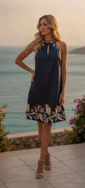 Floral Halter Neck Mini Dress Navy Blue Boho Summer Sundress Keyhole Size M thumbnail 1