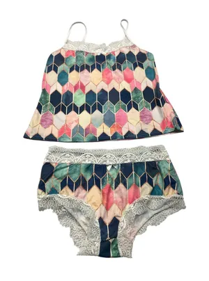 Geometric Diamond Print Pajama Set Lace Camisole and Shorts‎ 2Piece Sleepwear thumbnail 1