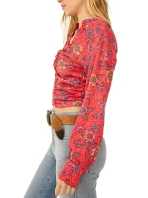 Free People Pink Red Floral "IGot You" Smocked Ruched Long Sleeve Crop Top - Rub thumbnail 2