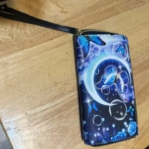 Blue Butterfly Celestial Moon Cosmic Print Zip Around‎ Wristlet Wallet Black thumbnail 2