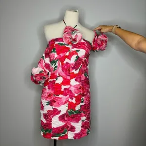 ASOS Luxe- Halter Pink Floral Ruched Mini Dress thumbnail 4