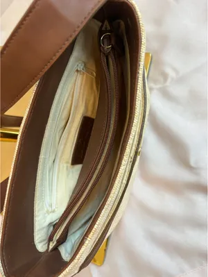 Etienne Aigner Beige Woven Shoulder Bag with Brown Leather Trim and Gold-tone Cl thumbnail 4