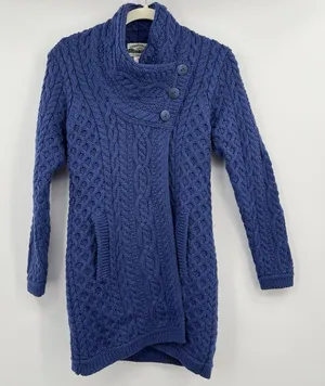 aran crafts sweater women Cable Knit XXS 2XS Blue 100 Merino Wool Fisher Core thumbnail 1