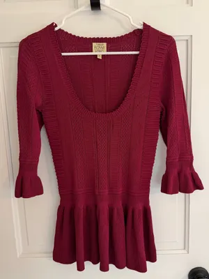 Torn by Ronny Kobo Burgundy Pointelle‎ Knit Peplum Top Small thumbnail 1