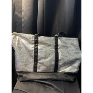 Victorias Secret Metallic Silver Black Tote Bag Large Travel Beach Gym Zip‎ Top thumbnail 2