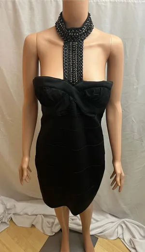 Grass Collection Black Rhinestone Halter Bodycon Cocktail Dress Size 11 thumbnail 1