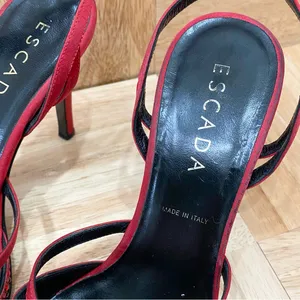 Vintage ESCADA Red Satin Embellished Pointy Toe Sling Back High Heels Pump 37 thumbnail 11