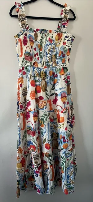 White Red Fruit Novelty Print Smocked Tiered Midi Dress Large Mediterranean thumbnail 1