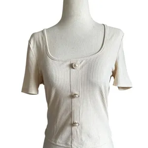 Shein Women Size Medium Top Shirt Scoop Neck Apricot Ribbed Crop NWOT | 16-16 thumbnail 2