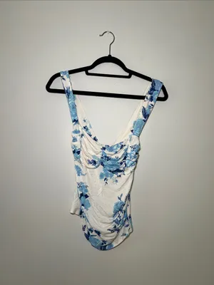 Free People White Floral Square-Neck Cami with Blue Print thumbnail 2