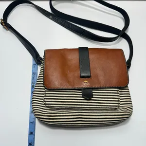 Fossil Kinley Crossbody Bag Womens Small Brown Striped Canvas Leather Flap Purse thumbnail 4