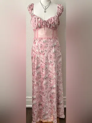 Forever 21 Size L Lace-Trim Midriff Panel Satin Floral Maxi Dress Cap Sleeves thumbnail 2