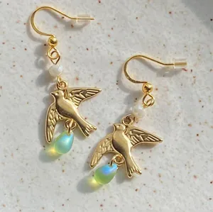 gold stainless bird cute retro vintage chic style dangle earrings 🕊️🩵 thumbnail 6