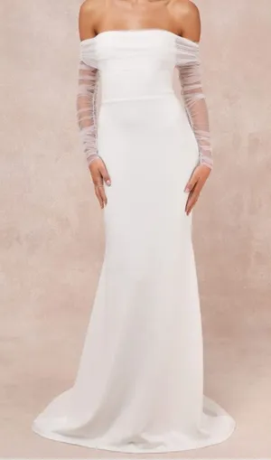 NEW Lulus Bridal Beautifully Beloved White Mesh Off-the-Shoulder Gown Maxi Dress thumbnail 1