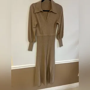 NICHOLAS Jade Midi Wool & Cotton Collared V Neck Long sleeve dress Oat Size‎ XS thumbnail 5