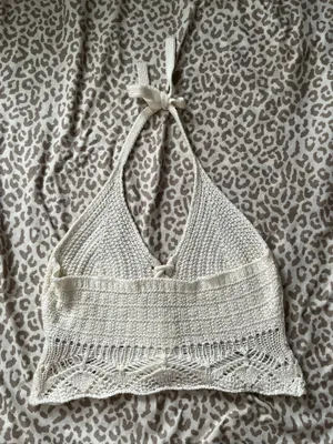 bohemian-style ivory knit halter crop top thumbnail 2
