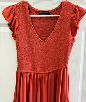 MEROKEETY Tiered Maxi Dress Size M Rust Orange Smocked Bodice thumbnail 2