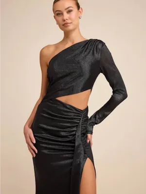 Lulu's One-Shoulder Black Cutout Ruched Slit Gown thumbnail 2