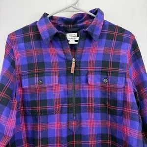 LL Bean Purple Scotch Plaid 1/4 Zip Cotton Flannel Shirt Relaxed MEDIUM thumbnail 4