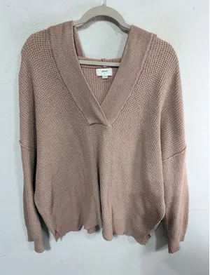 Aerie Sweater Waffle Knit V-Neck Hooded Women's L Blush Oversized Cozy Sweater thumbnail 1
