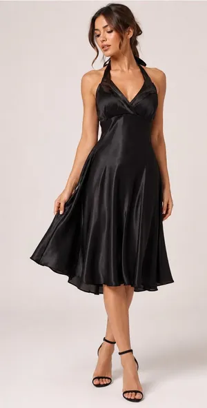 Forever 21 Elegant Black Halter Satin-Like Dress Balletcore Flare Size XS- Small thumbnail 1