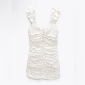 ZARA woman’s white braced linen blend mini dress - scrunched chic summer - XS thumbnail 5