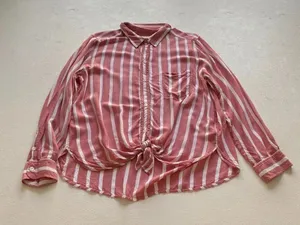 American Eagle Pink & White Striped Tie Front Button Down | Oversized Fit | L thumbnail 1