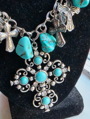 Western Turquoise & Crystal Cross Charm necklace thumbnail 2