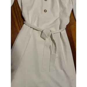 Ann Taylor Womens 12 Cream Crepe Mock Neck‎ Gold Button Belted Puff Sleeve Dress thumbnail 5