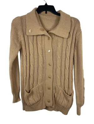 VTG 90s Grandma Beige Cable Knit S Button Front Cardigan Sweater Pocket thumbnail 1