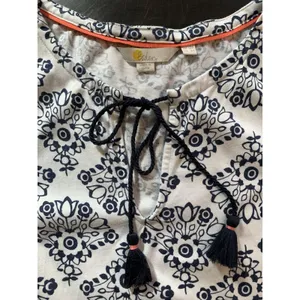 Boden Dress‎ US6R White Blue Floral V-Neck Tassel Sleeveless Ruffle Boho Peasant thumbnail 5