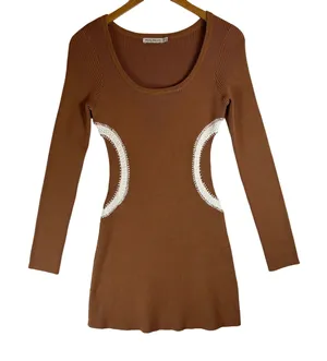 Mon Renn Brown Ribbed‎ Knit Mini Dress Long Sleeve Crochet Trim Detail Small thumbnail 1