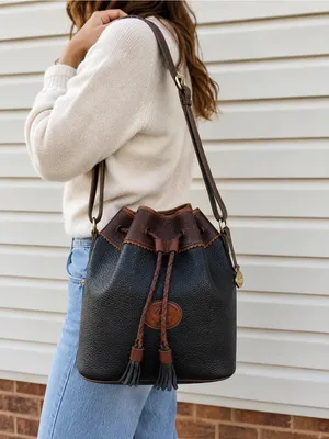 Vintage Dooney & Bourke All Weather Leather Black Brown Drawstring Bucket Bag thumbnail 2
