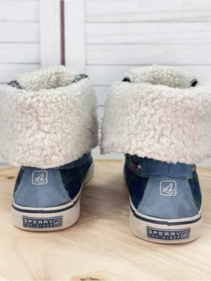 Sperry Tartan Plaid Fleece Lined Fold Over Boots Blue Green Women 11 Preppy thumbnail 7