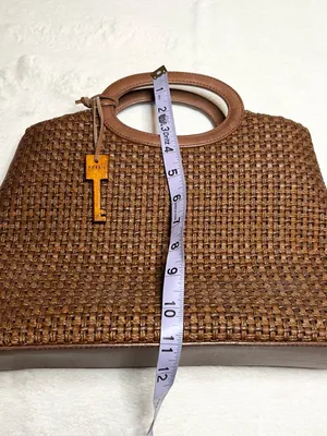 Vintage Fossil Brown Woven Tote Bag with Leather Trim & Logo Key Charm thumbnail 15
