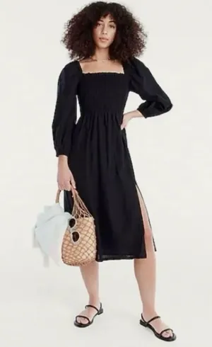 J. Crew Black Smocked Square-Neck Midi Dress with Side Slit thumbnail 1