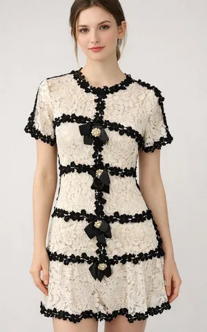Son Yoon Joo Black White Lace Bows Fitted Pencil Sheer Unlined Dress Coquette thumbnail 1