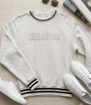Champion Reverse Weave Sweatshirt Oatmeal Heather Striped Trim Women's Small‎ thumbnail 1