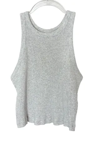 UNIQLO Light Gray Ribbed Knit High Neck Tank Top Cotton Spandex Womens Medium thumbnail 1