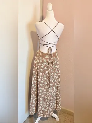 Lulus Picturesque Moments Brown Floral Print Strappy Maxi Dress xs thumbnail 6