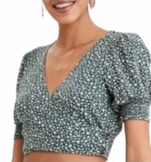 American Eagle Green‎ Ditsy Floral Wrap Peasant Puff Festival Crop V-Neck Top thumbnail 1