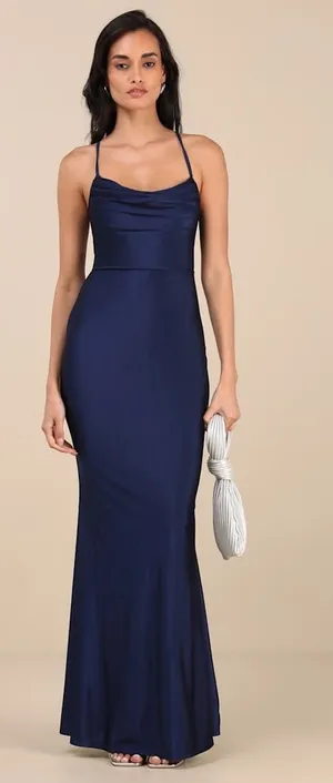 NWT Lulus Cute Definition Navy Slinky Knit Cowl Neck Maxi Dress Holiday Gala M thumbnail 1
