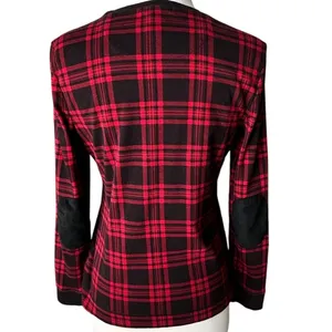 Lauren Ralph Lauren Plaid Top Red Black Shoulder Zip Elbow Patch Size L thumbnail 2