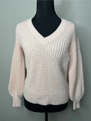 J.Crew Preppy & Cozy Women's V-Neck Waffle Knit Sweater in Soft Pink Small thumbnail 1