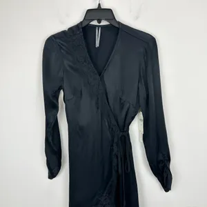 Anthropologie Lace Trimmed Wrap Dress Viscose Satin Long Sleeve Black XS NWT thumbnail 8