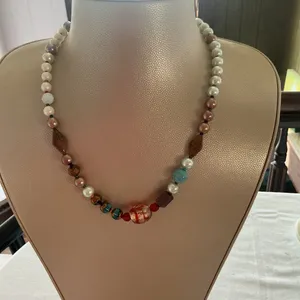 Beaded Necklace with Glass & Faux Pearl Accent thumbnail 1
