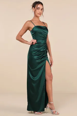 Lulus Luxurious Marvel Emerald Satin Ruched Column Maxi Dress thumbnail 2
