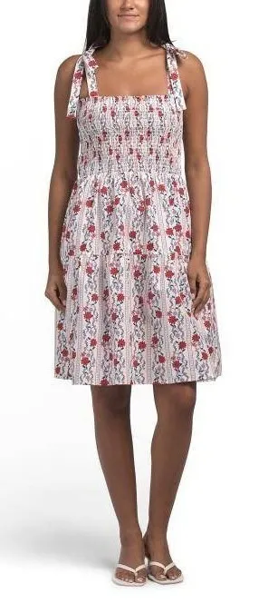 Joie Floral Smocked Tiered‎ Midi Sundress Tie Shoulder Red Blue White Medium thumbnail 1