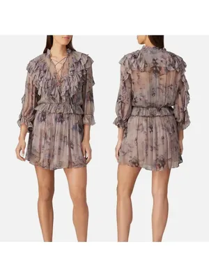 IRO Banon Floral Mauve Mini Blouson Ruffle Lace Up V-neck Dress 42 US 10 thumbnail 2