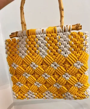 Handwoven Vintage Yellow & Cream Macramé Tote Bag with Bamboo Handles thumbnail 1
